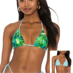 Dolls Kill VDM Reversible Tropical Palm Tree Plaid Triangle Bikini Top Small NWT